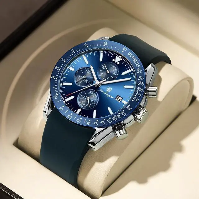 Alt view image 7 of 7 - Men's Fashion Stainless Steel Watches Date Waterproof Chronograph Wristwatches,Genuine Leather Strap Waterproof Watch Blue