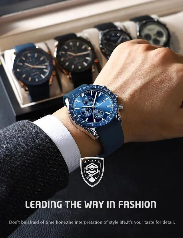 Alt view image 2 of 7 - Men's Fashion Stainless Steel Watches Date Waterproof Chronograph Wristwatches,Genuine Leather Strap Waterproof Watch Blue