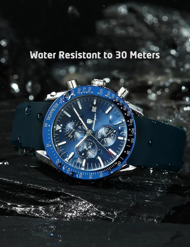 Alt view image 5 of 7 - Men's Fashion Stainless Steel Watches Date Waterproof Chronograph Wristwatches,Genuine Leather Strap Waterproof Watch Blue