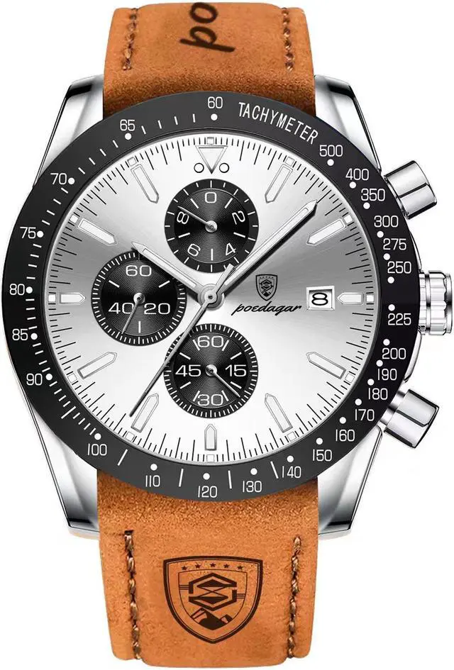 Main image of Men's Fashion Stainless Steel Watches Date Waterproof Chronograph Wristwatches,Genuine Leather Strap Waterproof Watch Silver