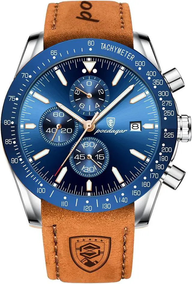 Main image of Men's Fashion Stainless Steel Watches Date Waterproof Chronograph Wristwatches,Genuine Leather Strap Waterproof Watch Blue