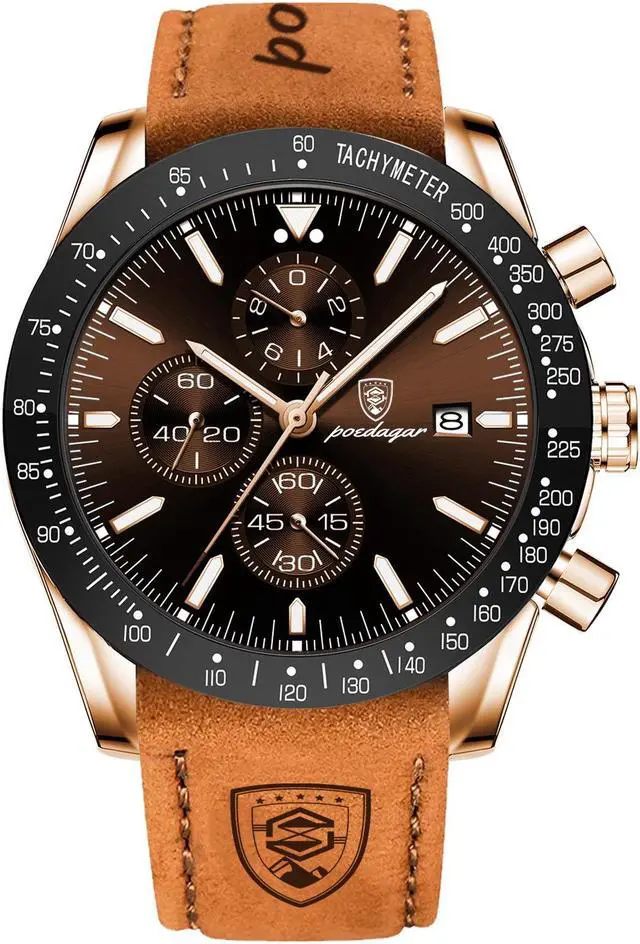 Main image of Men's Fashion Stainless Steel Watches Date Waterproof Chronograph Wristwatches,Genuine Leather Strap Waterproof Watch Black-gold