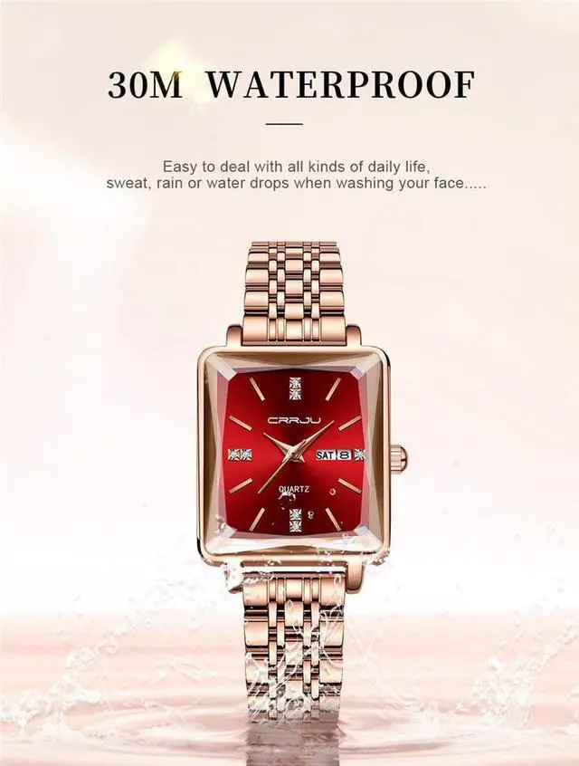 Alt view image 6 of 7 - Women Watch Fashion Rose Gold Diamond Analog Quartz Female Watch for Women Luxury Dress Ladies Stainless Steel Waterproof Date Wrist Watches Red Dial Black