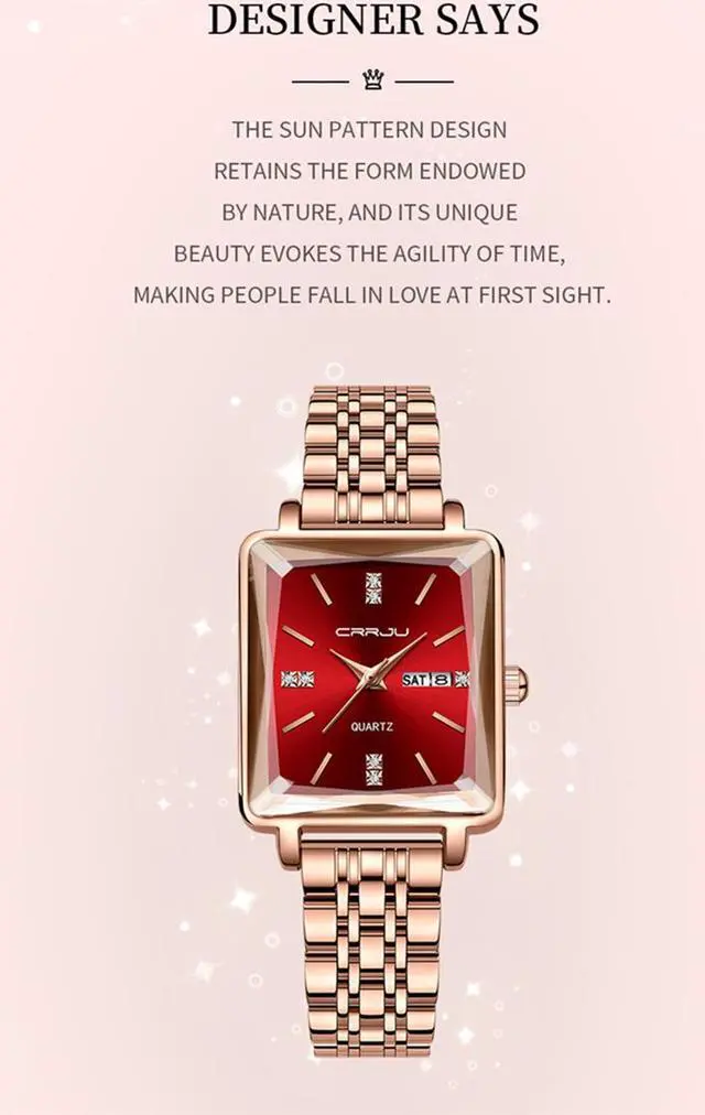 Alt view image 3 of 7 - Women Watch Fashion Rose Gold Diamond Analog Quartz Female Watch for Women Luxury Dress Ladies Stainless Steel Waterproof Date Wrist Watches Red Dial Black
