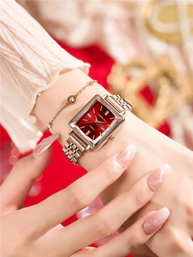 Alt view image 7 of 7 - Women Watch Fashion Rose Gold Diamond Analog Quartz Female Watch for Women Luxury Dress Ladies Stainless Steel Waterproof Date Wrist Watches Red Dial Black