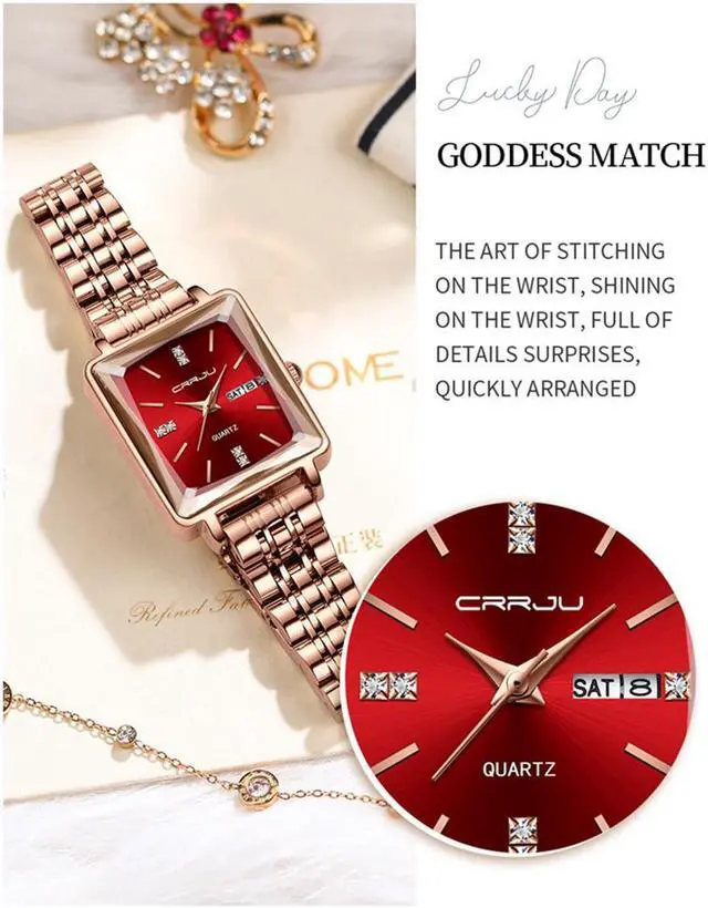 Alt view image 4 of 7 - Women Watch Fashion Rose Gold Diamond Analog Quartz Female Watch for Women Luxury Dress Ladies Stainless Steel Waterproof Date Wrist Watches Red Dial Black