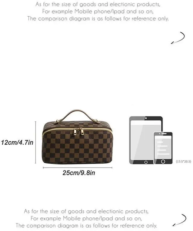 Alt view image 5 of 7 - Large Capacity Travel Cosmetic Bag Plaid Checkered Makeup Bag Portable Leather Waterproof Skincare Bag with Handle and Divider for Women Black