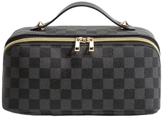 Main image of Large Capacity Travel Cosmetic Bag Plaid Checkered Makeup Bag Portable Leather Waterproof Skincare Bag with Handle and Divider for Women Black