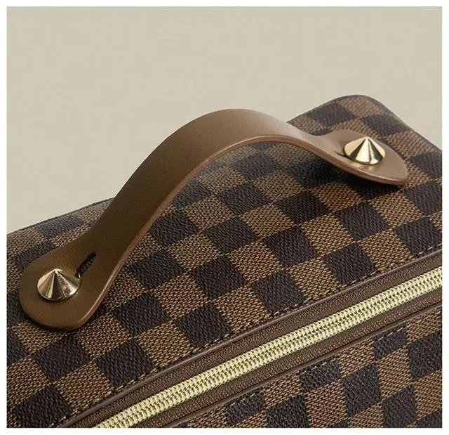 Alt view image 3 of 7 - Large Capacity Travel Cosmetic Bag Plaid Checkered Makeup Bag Portable Leather Waterproof Skincare Bag with Handle and Divider for Women Black