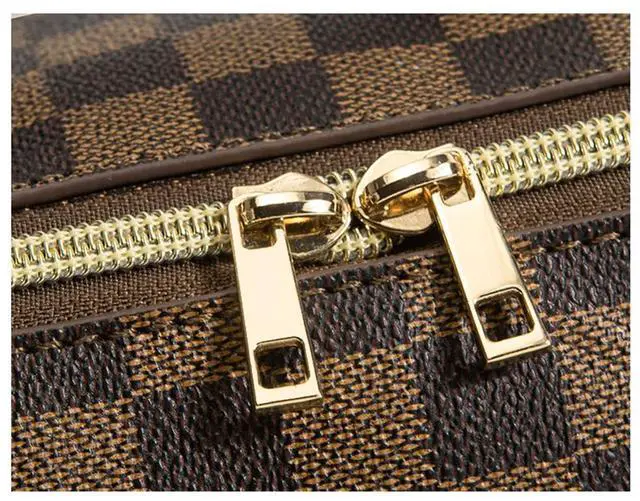 Alt view image 4 of 7 - Large Capacity Travel Cosmetic Bag Plaid Checkered Makeup Bag Portable Leather Waterproof Skincare Bag with Handle and Divider for Women Black