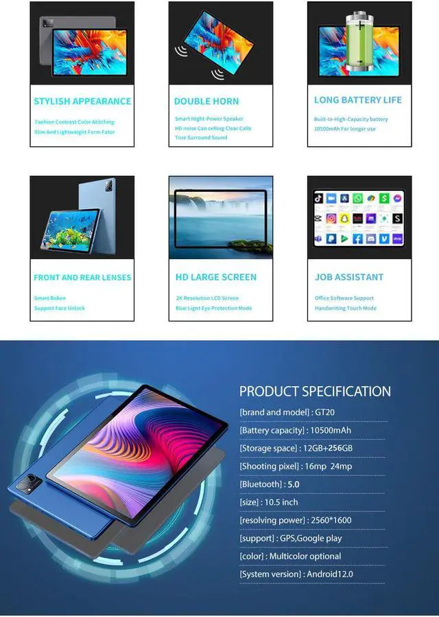 Alt view image 4 of 7 - 10.5 Inch Tablet PC Android 2560x1600 2K UHD Display Deca-Core GPS Dual SIM Card