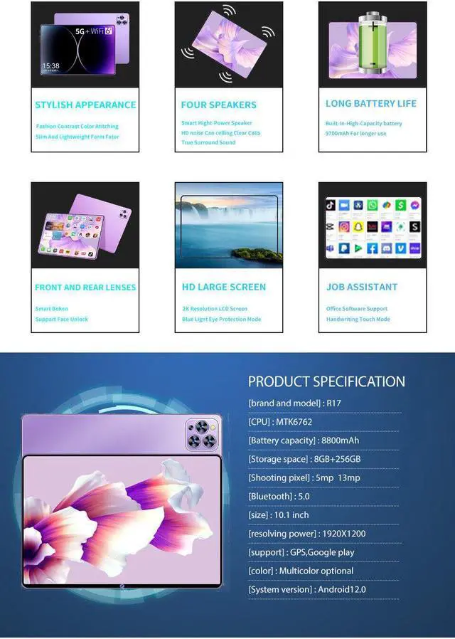 Alt view image 4 of 7 - 2023 New Product Pad Pro 10.1" Tablet PC Octa-Core 8Gb Ram 256GB Rom Android 12 Full HD Ultra, Slim Tablet PC Batter 8800mAh 13MP & 5MP Cameras 1920x1200 IPS Screen Purple 256GB 8GB