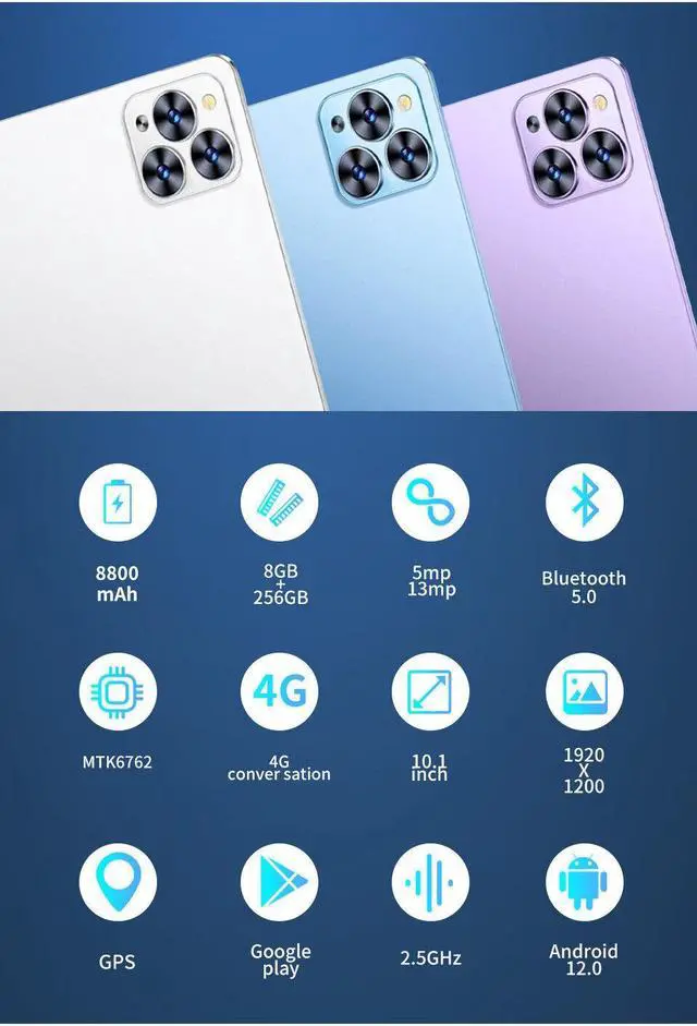 Alt view image 3 of 7 - 2023 New Product Pad Pro 10.1" Tablet PC Octa-Core 8Gb Ram 256GB Rom Android 12 Full HD Ultra, Slim Tablet PC Batter 8800mAh 13MP & 5MP Cameras 1920x1200 IPS Screen Purple 256GB 8GB