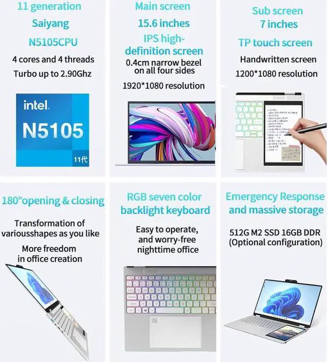 Alt view image 7 of 7 - 2023 New Laptop 15.6"+7 inch Intel Celeron N5105 2.9GHz Four cores and four threads TP touch screen function 1TB SSD  16GB RAM 1200 * 1920 resolution Windows 11/win10 system