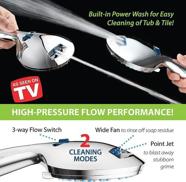 Alt view image 5 of 7 - Hotel Spa AquaCare High Pressure 8-Mode Handheld Shower Head - Anti-clog Nozzles, Built-in Power Wash to Clean Tub, Extra Long 6 ft. Stainless Steel Hose, Wall & Overhead Brackets