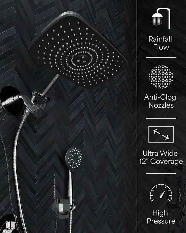 Alt view image 2 of 7 - 12 Inch High Pressure Rain Shower Head Combo with Extension Arm- Wide Rainfall Showerhead with 5 Handheld Water Spray - Adjustable Dual Showerhead with Anti-Clog Nozzles - Silver Chrome