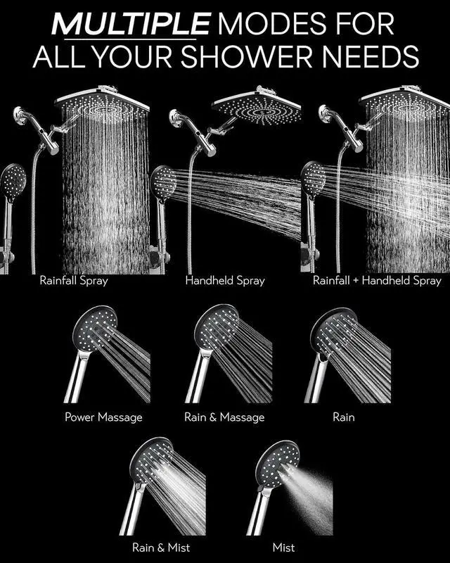 Alt view image 3 of 7 - 12 Inch High Pressure Rain Shower Head Combo with Extension Arm- Wide Rainfall Showerhead with 5 Handheld Water Spray - Adjustable Dual Showerhead with Anti-Clog Nozzles - Silver Chrome