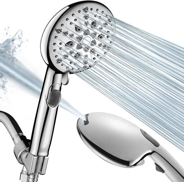 Main image of High Pressure 9 Functions Shower Head with handheld - Luxury Modern Chrome Look, Built-in Power Spray to Clean Corner, Tub and Pets, Stainless Steel Hose Adjustable Bracket, Chrome