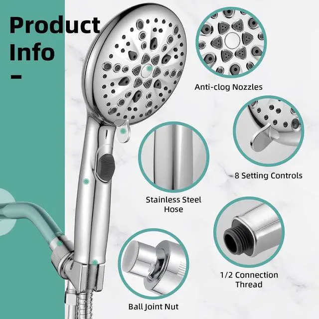 Alt view image 4 of 6 - High Pressure 9 Functions Shower Head with handheld - Luxury Modern Chrome Look, Built-in Power Spray to Clean Corner, Tub and Pets, Stainless Steel Hose Adjustable Bracket, Chrome