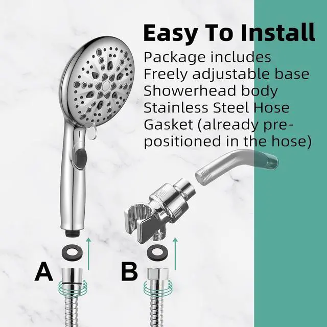 Alt view image 6 of 6 - High Pressure 9 Functions Shower Head with handheld - Luxury Modern Chrome Look, Built-in Power Spray to Clean Corner, Tub and Pets, Stainless Steel Hose Adjustable Bracket, Chrome