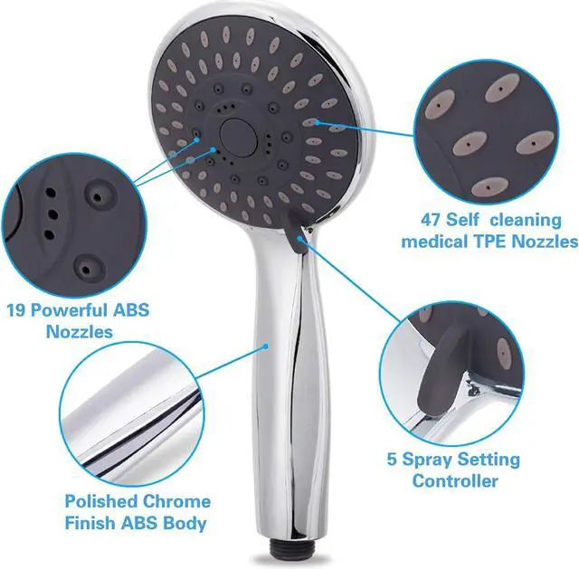 Alt view image 5 of 7 - High Pressure Handheld Shower Head Briout 5-Settings Powerful Water Spray Shower Head against Low Pressure Water Flow with Stainless Hose and Adjustable Mount