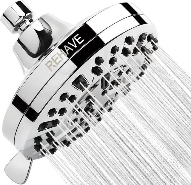 Main image of REHAVE 5.1-Inch Rainfall Shower Head with 63 Jets, 8 Spray Modes - Chrome Finish, Brass Angle-Adjustable, Anti-Clogging Silicone Nozzles