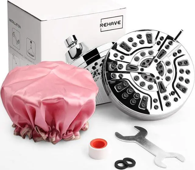 Alt view image 4 of 7 - REHAVE 5.1-Inch Rainfall Shower Head with 63 Jets, 8 Spray Modes - Chrome Finish, Brass Angle-Adjustable, Anti-Clogging Silicone Nozzles