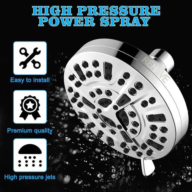 Alt view image 6 of 7 - REHAVE 5.1-Inch Rainfall Shower Head with 63 Jets, 8 Spray Modes - Chrome Finish, Brass Angle-Adjustable, Anti-Clogging Silicone Nozzles
