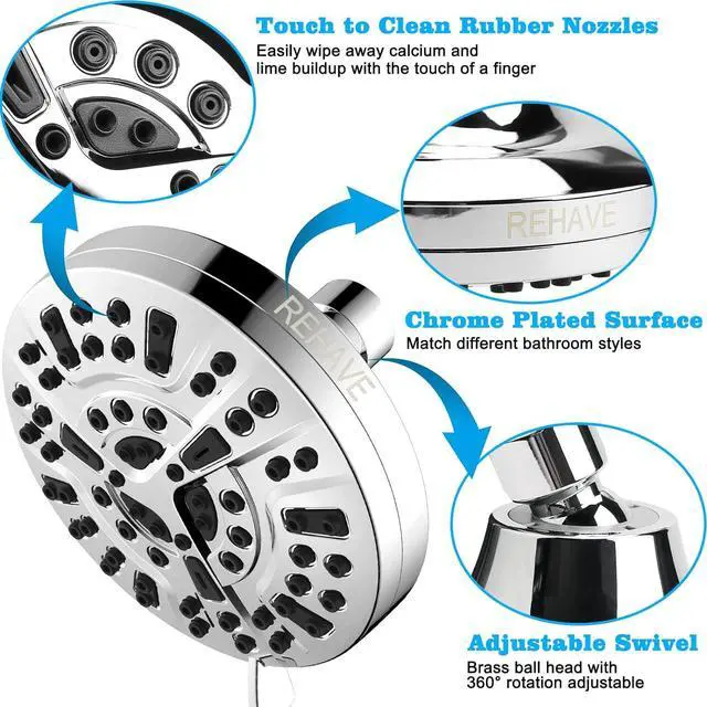 Alt view image 7 of 7 - REHAVE 5.1-Inch Rainfall Shower Head with 63 Jets, 8 Spray Modes - Chrome Finish, Brass Angle-Adjustable, Anti-Clogging Silicone Nozzles