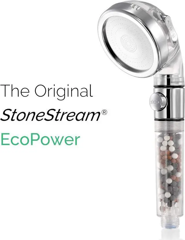Alt view image 2 of 7 - Original StoneStream EcoPower High Pressure Handheld Shower Head with ON OFF switch- 3 Spray Settings with Hose, Wall Adapter and Replacement Beads