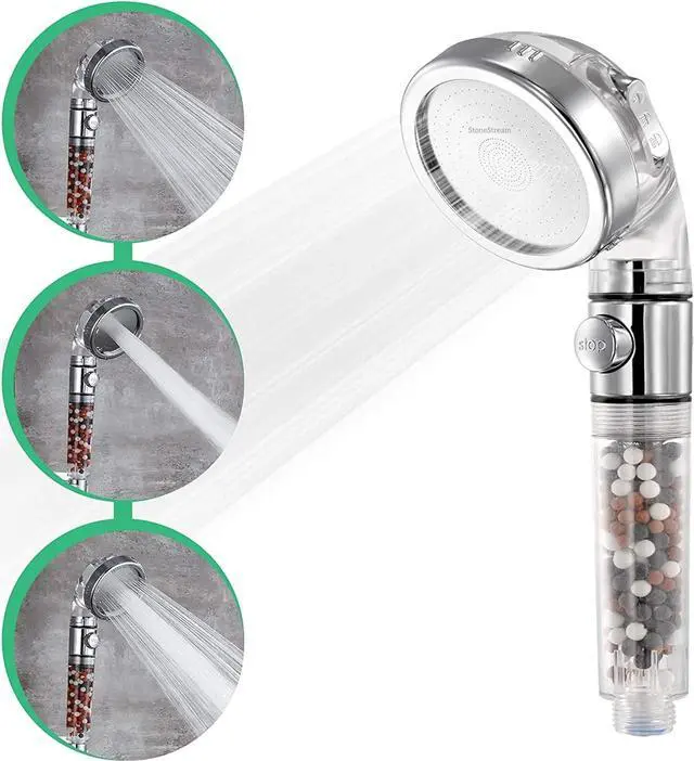 Alt view image 4 of 7 - Original StoneStream EcoPower High Pressure Handheld Shower Head with ON OFF switch- 3 Spray Settings with Hose, Wall Adapter and Replacement Beads