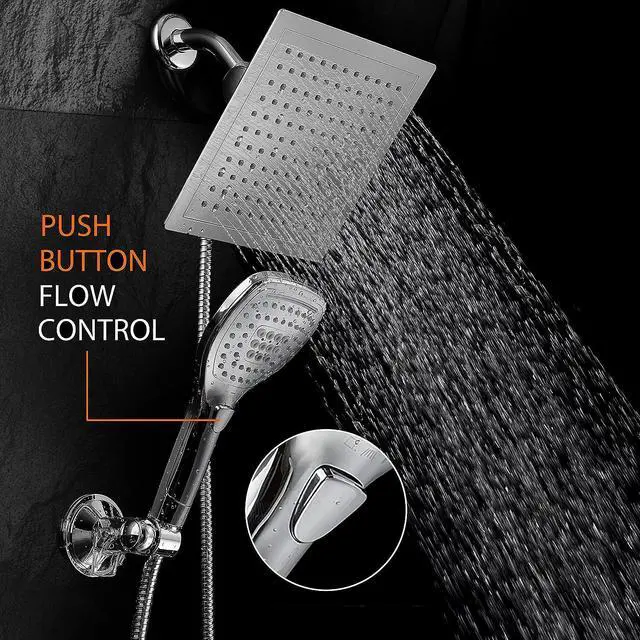 Alt view image 3 of 7 - Dream Spa Ultra-Luxury 9" Rainfall Shower Head/Handheld Combo. Convenient Push-Button Flow Control Button for easy one-handed operation. Switch flow settings with the same hand! Premium Chrome