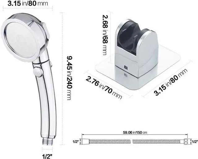 Alt view image 6 of 6 - KAIYING Drill-Free High Pressure Handheld Shower Head with ON/OFF Pause Switch 3 Spray Modes Water Saving Showerhead, Detachable Puppy Shower Accessories (M:Shower Head (Chrome)+Bracket+Hose)