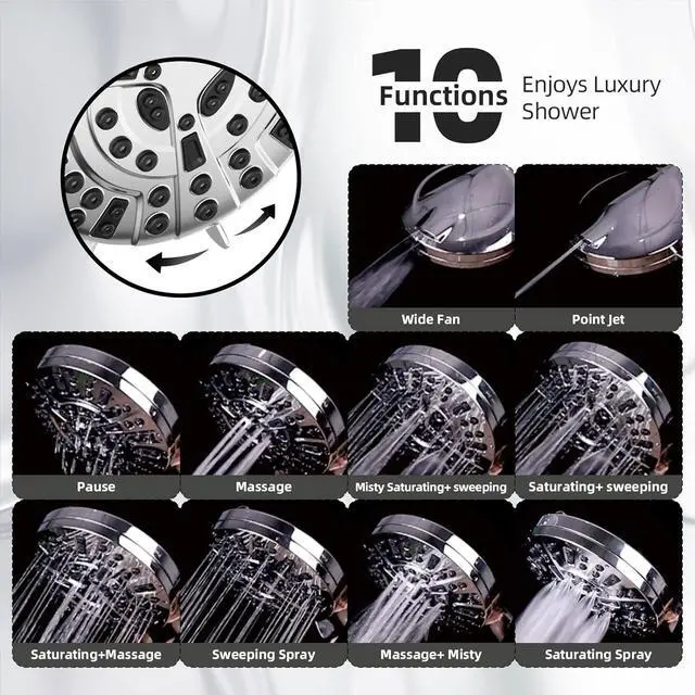 Alt view image 4 of 7 - Shower Head,10 Functions High Pressure shower head with handheld, Built-in Pause Mode & 2 Power Wash, Non-Clogging Nozzles High Flow Hand Held Shower Head, Leakproof 6.5ft Hose&Metal Bracket