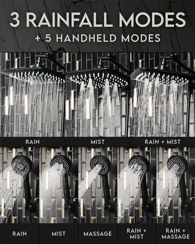 Alt view image 2 of 6 - Veken High Pressure Rain Shower Head with Handheld Sparay Combo - Easy to Install Wide Rainfall Showerhead with 23 Water Spray Modes Black Shower Heads Adjustable Dual Showerhead with Extension Arm