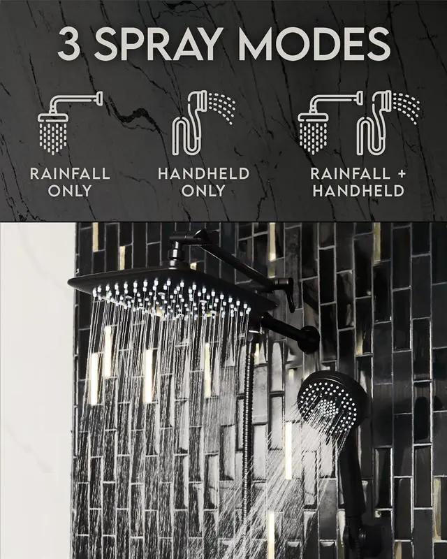 Alt view image 3 of 6 - Veken High Pressure Rain Shower Head with Handheld Sparay Combo - Easy to Install Wide Rainfall Showerhead with 23 Water Spray Modes Black Shower Heads Adjustable Dual Showerhead with Extension Arm