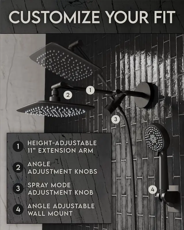 Alt view image 6 of 6 - Veken High Pressure Rain Shower Head with Handheld Sparay Combo - Easy to Install Wide Rainfall Showerhead with 23 Water Spray Modes Black Shower Heads Adjustable Dual Showerhead with Extension Arm