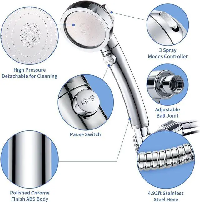 Alt view image 3 of 6 - SINGSUO High Pressure Handheld Shower Head with On Off Switch, Detachable Shower Head, 3 Spray Modes Shower Massager Handheld with Hose and Adjustable Angle Bracket (Chrome)