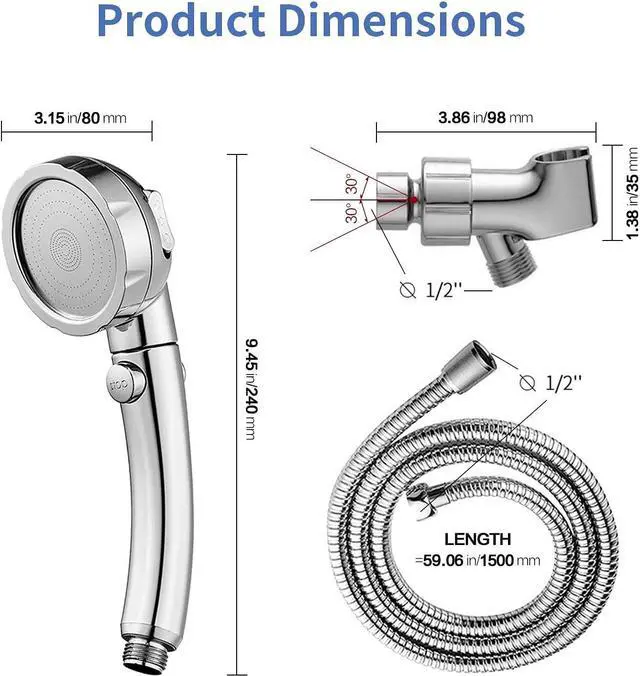 Alt view image 2 of 6 - SINGSUO High Pressure Handheld Shower Head with On Off Switch, Detachable Shower Head, 3 Spray Modes Shower Massager Handheld with Hose and Adjustable Angle Bracket (Chrome)
