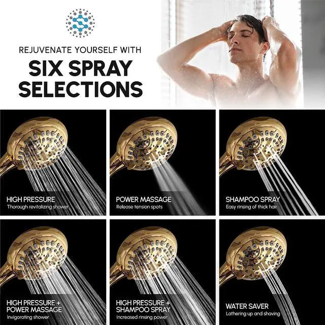 Alt view image 2 of 7 - Luxury Spa: ImperialShine Gold Hand Held Shower Head 4.5 inch 6 Spray Setting Handheld Showerhead with Extra-Long Hose Experience Comfort and Elegance (Polished Brass/ImperialShine Gold)