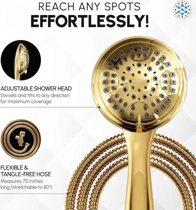 Alt view image 4 of 7 - Luxury Spa: ImperialShine Gold Hand Held Shower Head 4.5 inch 6 Spray Setting Handheld Showerhead with Extra-Long Hose Experience Comfort and Elegance (Polished Brass/ImperialShine Gold)