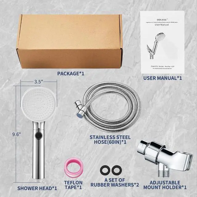 Alt view image 7 of 7 - DOILIESE Shower Head with Handheld Shower Head with ON/Off Switch, 3-Modes High Pressure, with 60in Hose, Chrome Finish