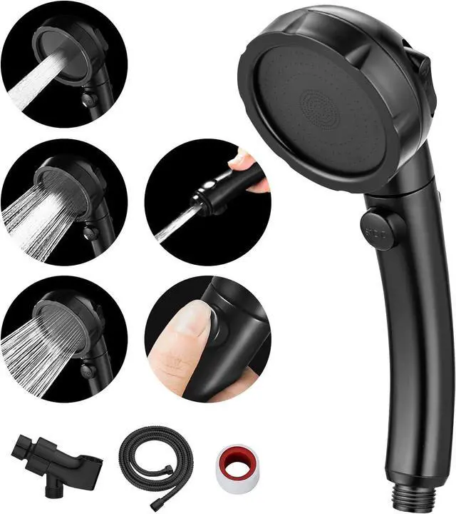 Main image of MIAOHUI Modern Handheld Shower Head with On/Off Switch, 3 Spray Settings, Removable Shower Head with Hose, Angle Adjustable Shower Bracket, Teflon Tape, Black