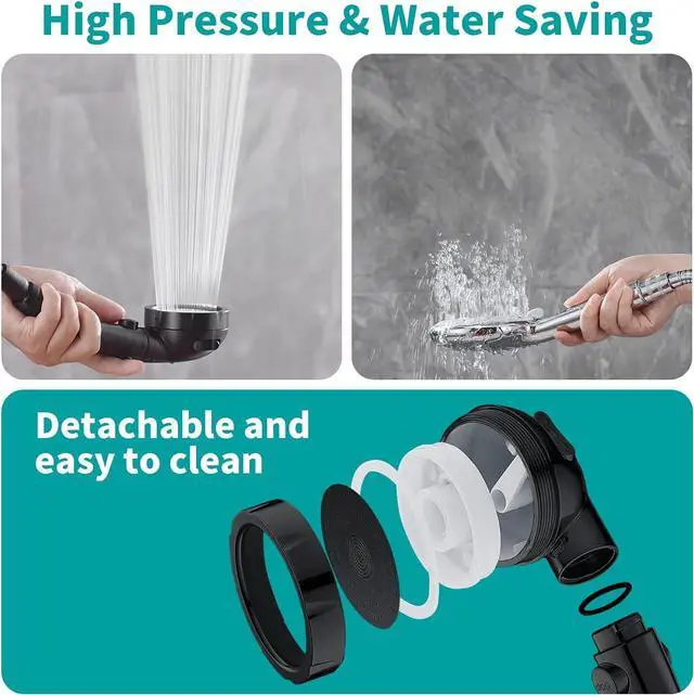 Alt view image 4 of 7 - MIAOHUI Modern Handheld Shower Head with On/Off Switch, 3 Spray Settings, Removable Shower Head with Hose, Angle Adjustable Shower Bracket, Teflon Tape, Black