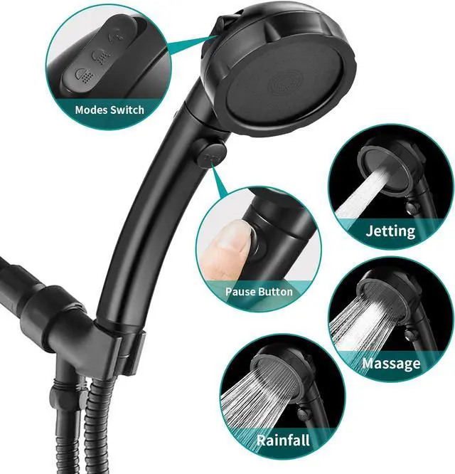 Alt view image 2 of 7 - MIAOHUI Modern Handheld Shower Head with On/Off Switch, 3 Spray Settings, Removable Shower Head with Hose, Angle Adjustable Shower Bracket, Teflon Tape, Black