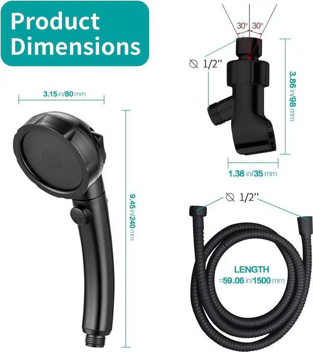 Alt view image 5 of 7 - MIAOHUI Modern Handheld Shower Head with On/Off Switch, 3 Spray Settings, Removable Shower Head with Hose, Angle Adjustable Shower Bracket, Teflon Tape, Black