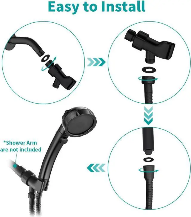 Alt view image 7 of 7 - MIAOHUI Modern Handheld Shower Head with On/Off Switch, 3 Spray Settings, Removable Shower Head with Hose, Angle Adjustable Shower Bracket, Teflon Tape, Black