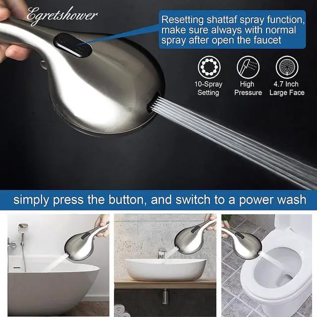 Alt view image 3 of 7 - High Pressure Handheld Shower Head 10-Setting Showerhead 4.7Detachable Showerhead Set with 5ft Hose Adjustable Bracket and Built-in Power Wash to Clean Tub Tile & Pets - Brush Nickel
