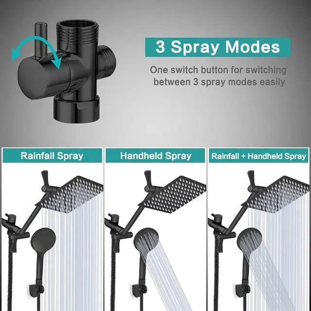 Alt view image 3 of 7 - Shower Head, 8 High Pressure Rainfall/Handheld Shower Combo with 11'' Extension Arm, 9 Settings, Anti-leak Shower Head with Holder, Height/Angle Adjustable, Chrome, Matte Black
