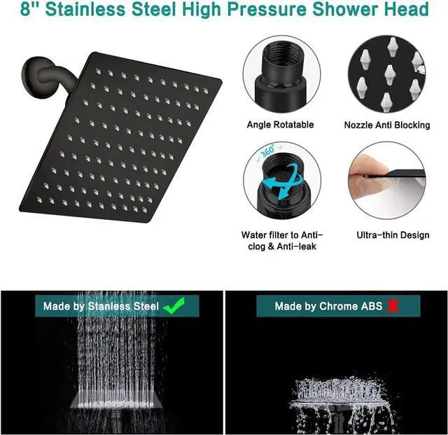Alt view image 4 of 7 - Shower Head, 8 High Pressure Rainfall/Handheld Shower Combo with 11'' Extension Arm, 9 Settings, Anti-leak Shower Head with Holder, Height/Angle Adjustable, Chrome, Matte Black